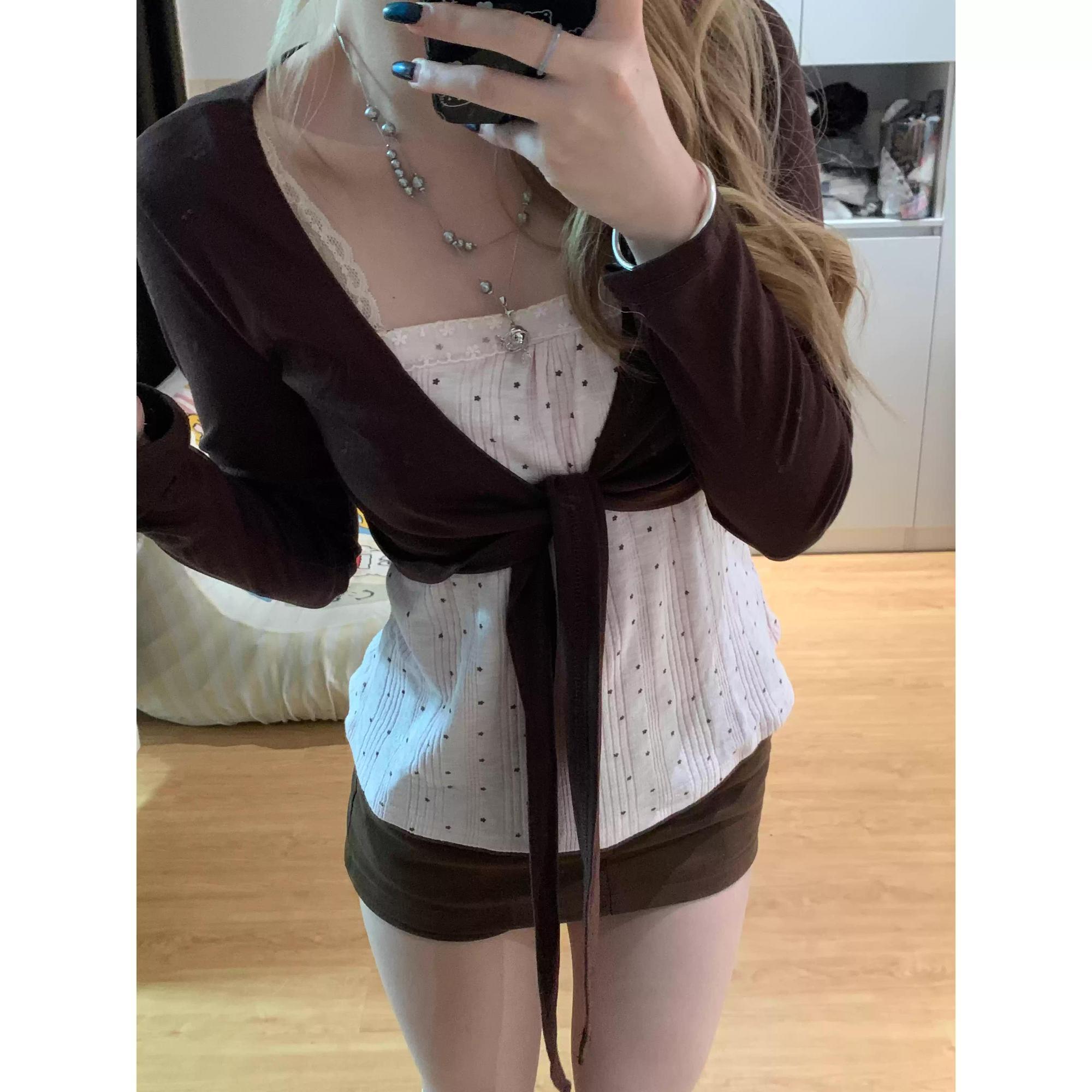 

Korean Chic Casual Two Piece Sets Women Pink Polka Dot Camisole Brown Tie Front Knit Cardigan Cute Layering Summer Outfits 2026 S