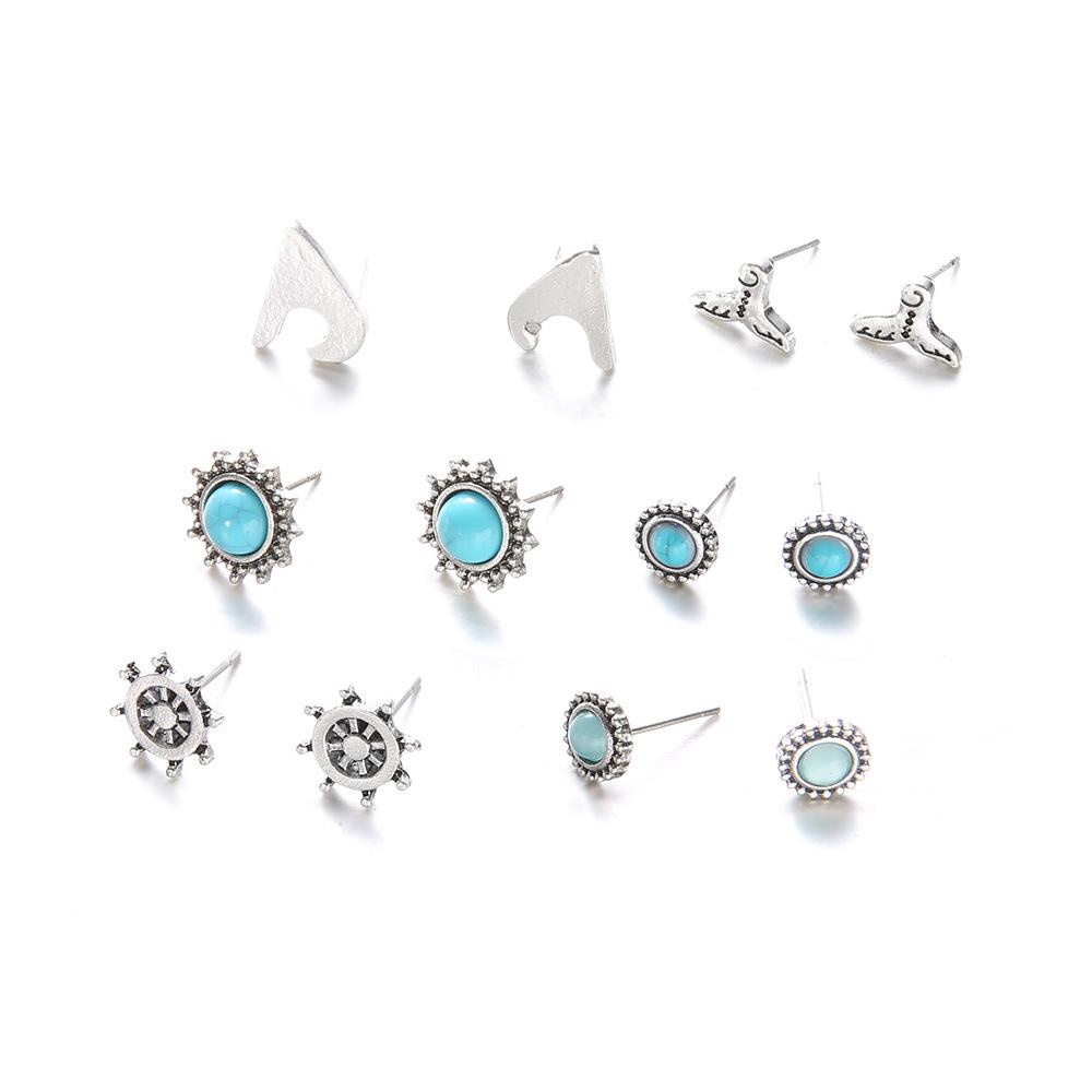Fashion Bohemian Mermaid Rudder Turquoise Stud Earrings 6-Piece Set