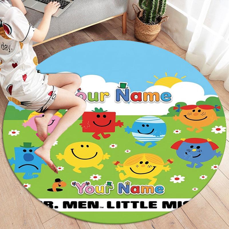 Mr. Men Little Miss Custom Name Round Area Rug,Carpet Rug for Living Room Bedroom Sofa Playroom Decor,Non-slip Floor Mat