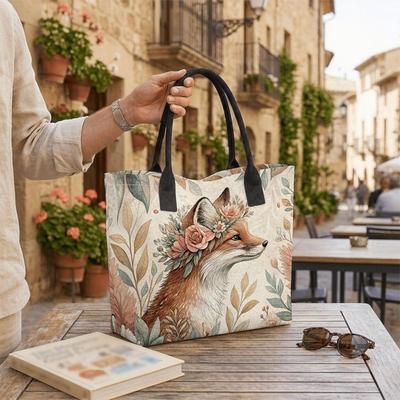 Cute Fox Pattern Tote Bag Aesthetic Floral Canvas Handbag for Daily Use