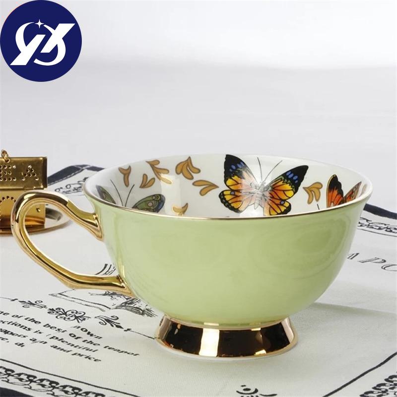 European Bone Cna Kávový šálek Barevný porcelán Butterfly Keramická sada šálků a podšálků na čaj Britský kancelářský šálek na pití Dárek