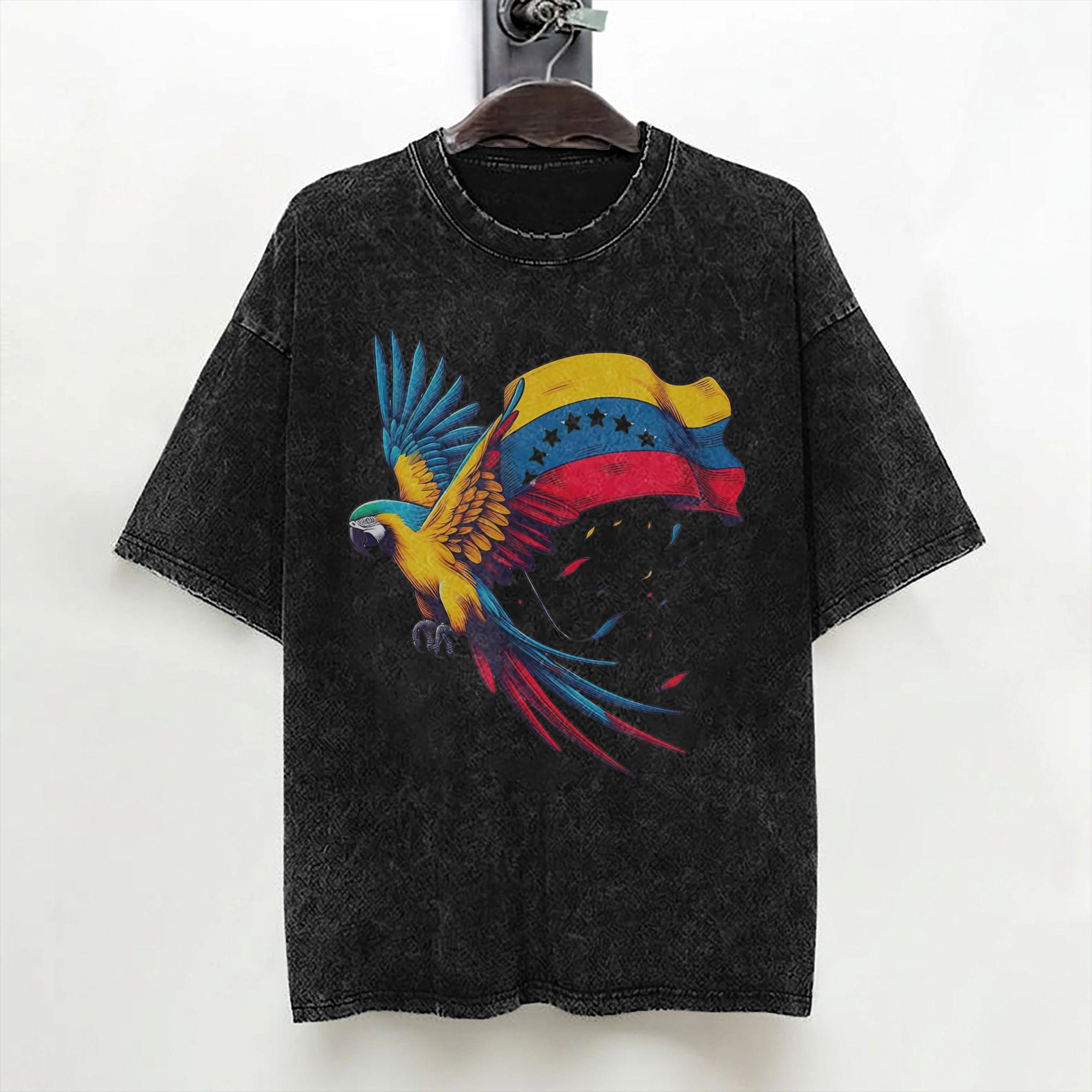 Venezuela 7 Stars Flag with Guacamaya T Shirt Washed Cotton High Street TShirts  Vintage Men Women Streetwear Printed Tees S