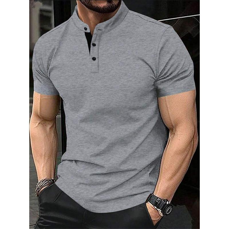 Mens Casual Stand Collar Short Sleeve Henley T Shirt