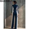 Womens Modern Elegant Navy Blue Cotton Blend Knit Jumpsuit With Color Block Zipper Front Flared Leg