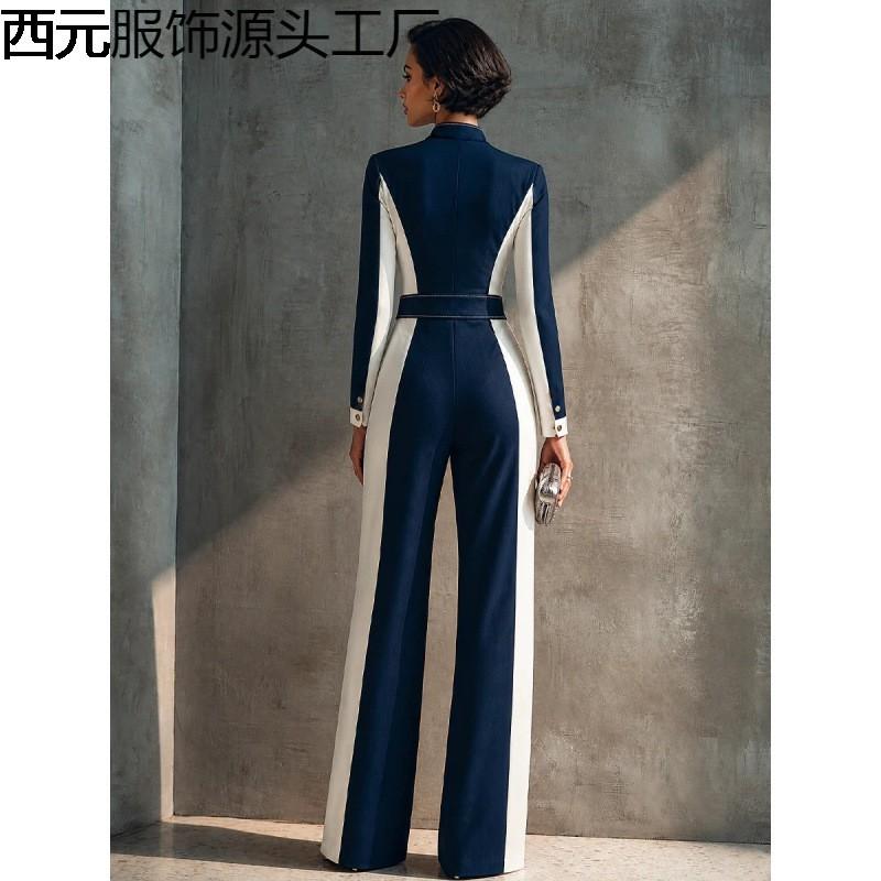 Womens Modern Elegant Navy Blue Cotton Blend Knit Jumpsuit With Color Block Zipper Front Flared Leg
