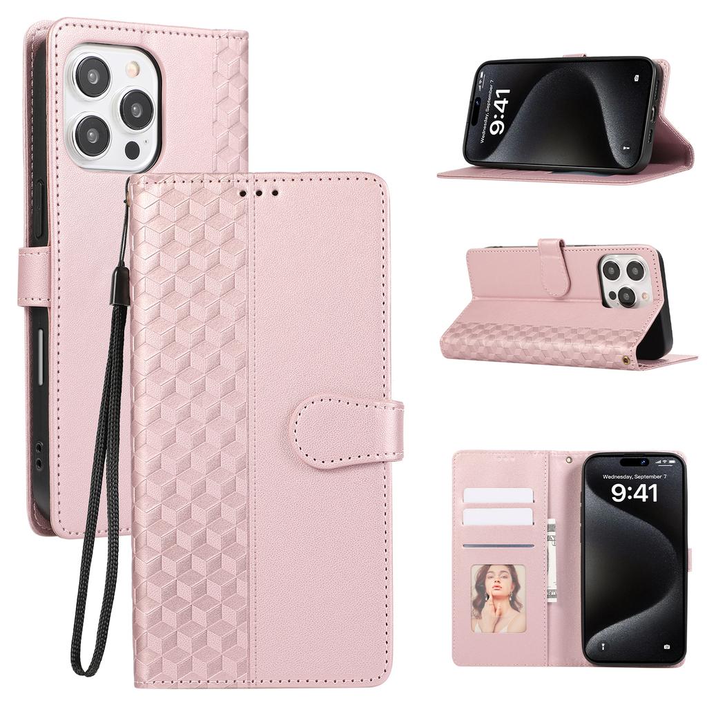 For iPhone 15 Pro Max Case 3D Rhombus Grid Imprinted Wallet Leather Phone Cover with Lanyard