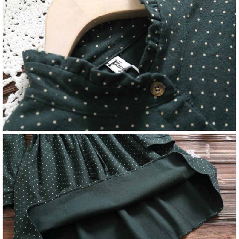 Plus Size Spring Autumn Women Dress Stand Collar Polka Dot Green Navy Blue Dress Elegant Long-Sleeved String Mini Dress