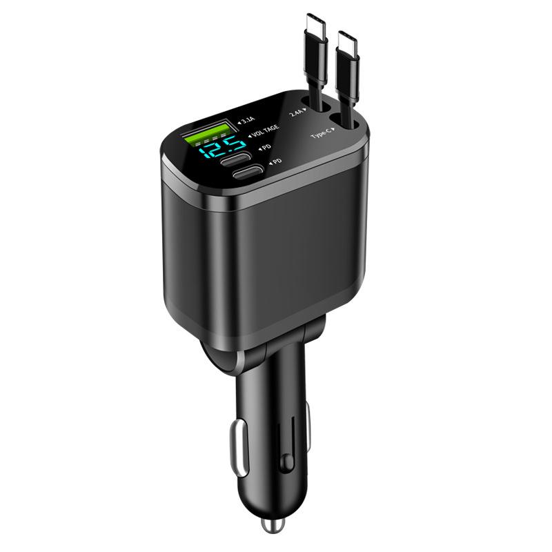 Five-in-One Car Charger with Digital Display and Retractable Cable, PD Fast Charging, and Cigarette Lighter Adapter