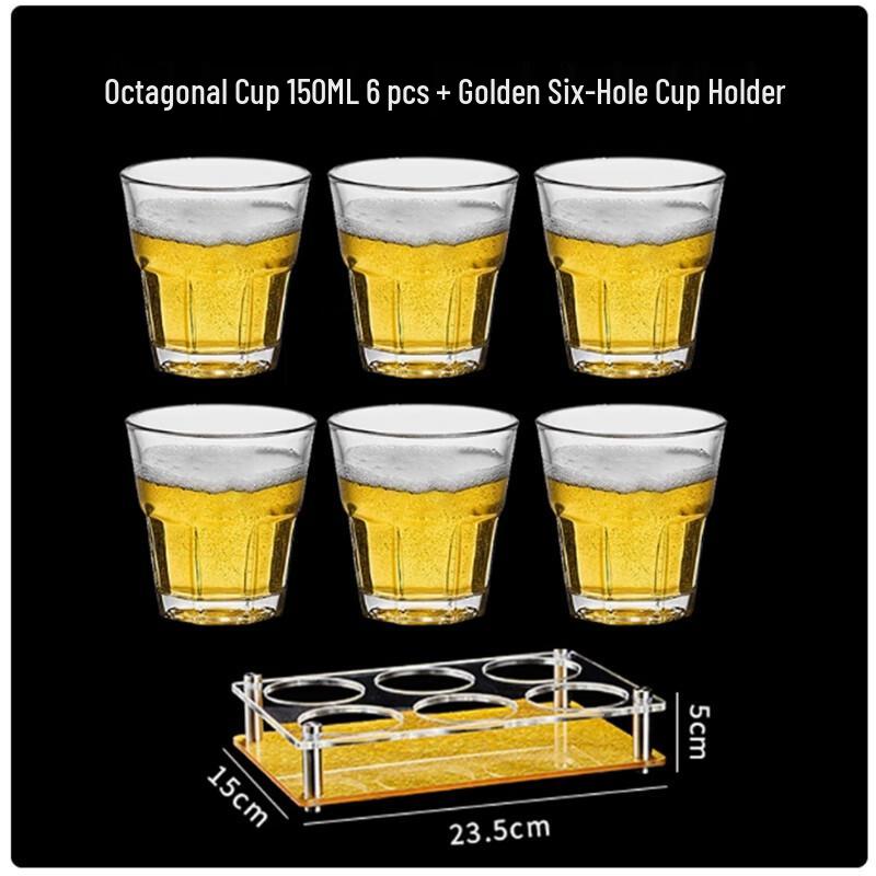 Langxi Octagonal Glass Beer Cup Set with Gold Rack