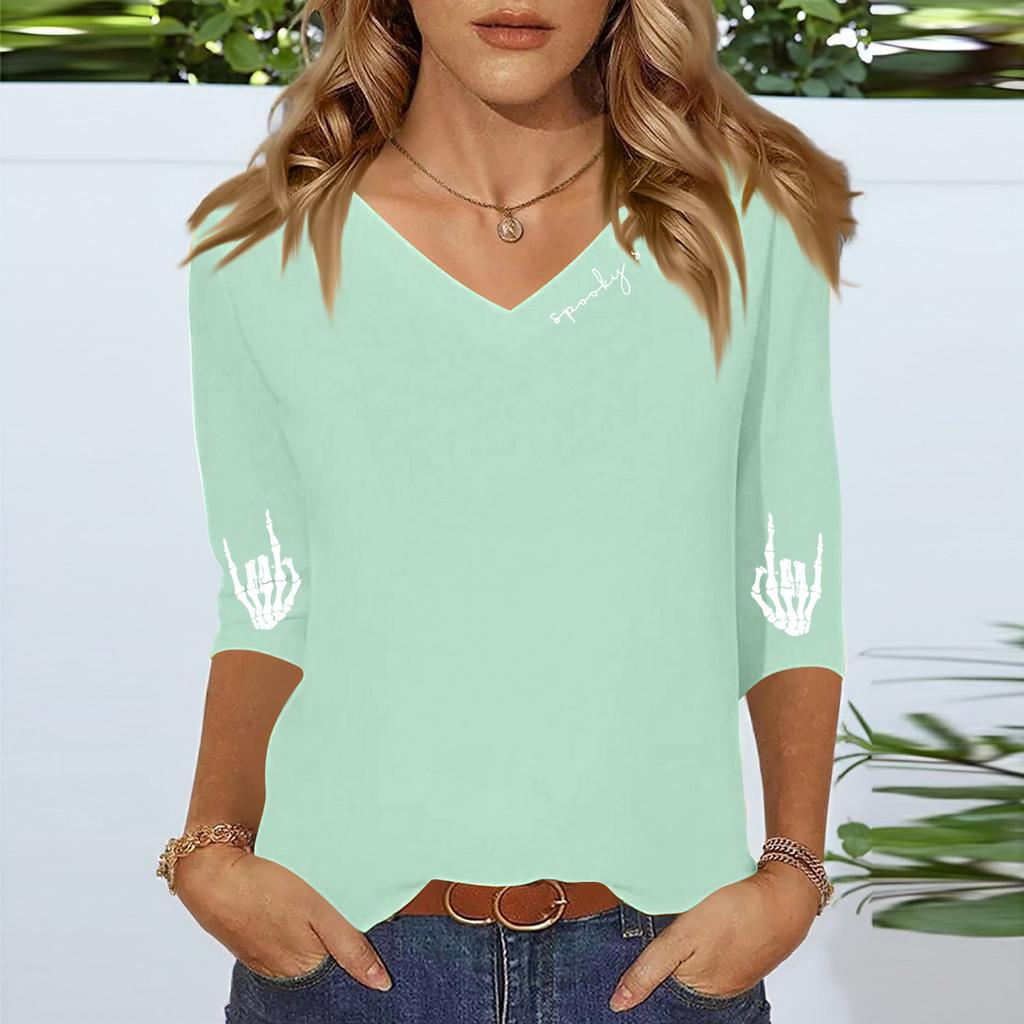 Women's Three-quarter Sleeve Shirt V-neck Loose Casual Spooky Scason Halloween Print Top