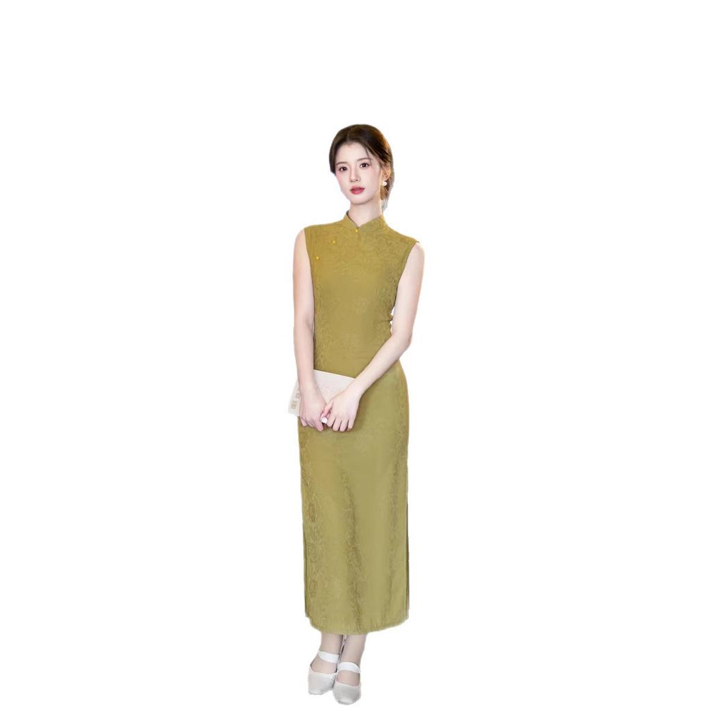 Yellow-green sleeveless cheongsam 1011 new new Chinese style dark pattern flower high-end sense retro elegant temperament dress women