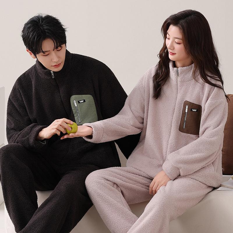 Couple Half Fleece Pajamas Women'S Autumn And Winter Thickened Fleece Warm Coral Fleece Can Be Worn Outside Loungewear Men'S Suit