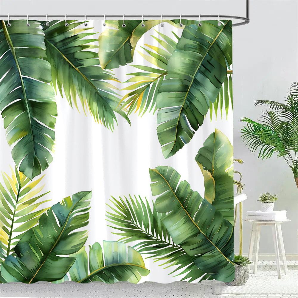 Beautiful Tropical Plant Leaves Shower Curtain Watercolour Palm Tree Leaves Printed Polyester Fabric Bath Curtain Bathroom Decor