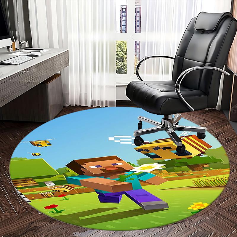 Minecraft Bienen Stuhlmatte Runder Teppich - Büroteppich, Maschinenwaschbar, Rutschfest, Geeignet für Wohnzimmer, Schlafzimmer