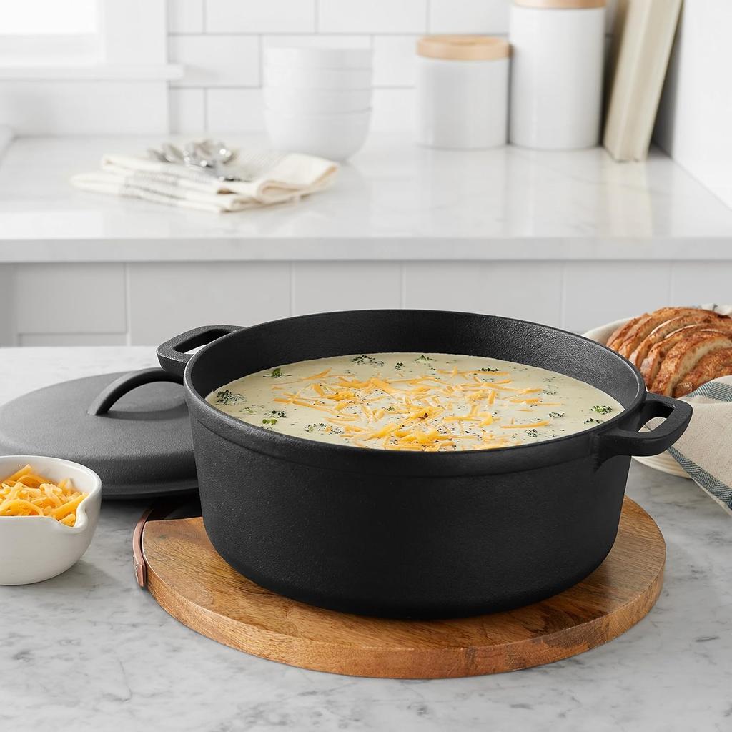 Pre-Seasoned Cast Iron Dutch Oven Pot with Lid and Dual Handles, Oven Safe, Heavy-Duty, 7-Quart, Round, Black
