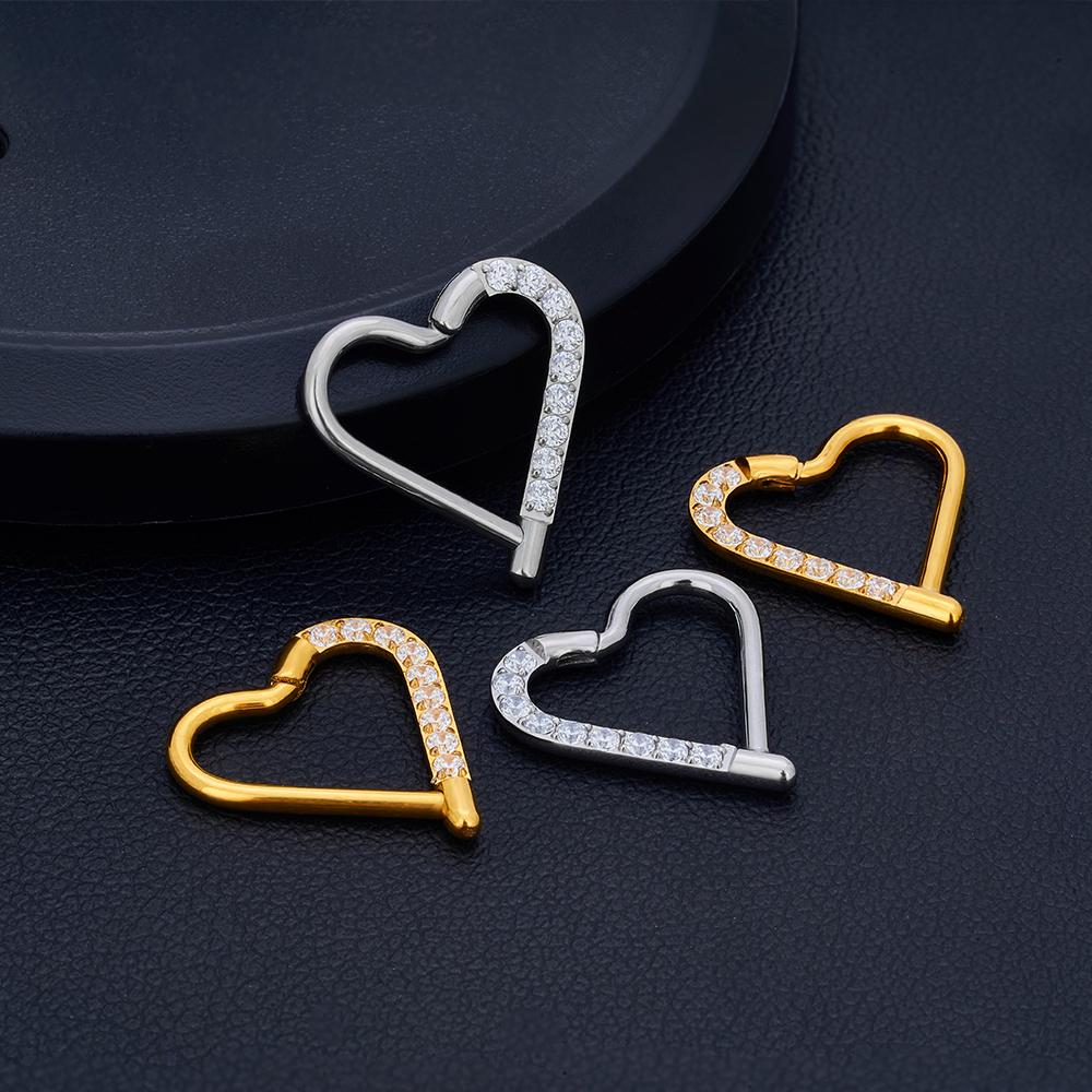 10Pc ASTM F136 Titanium Daith Heart Earring Hoop Cartilage Tragus Helix Rings Hinged Segment Hoop with Clear CZ