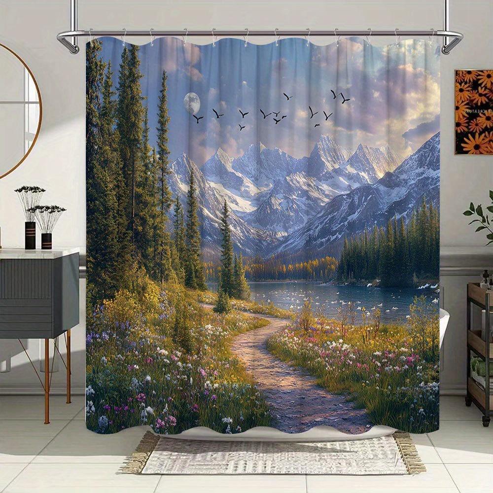 1Pc Extra Large Bath Curtain - Mountain Sunset Path Wildflower Trail Moonlit Lake Snowy Peaks Evergreen Forest Design - High-Qua