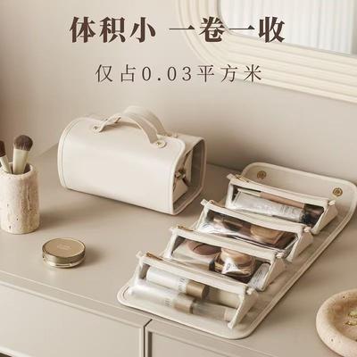 PU Waterproof Makeup Bag, Transparent Splicing, Embossed, Wear-Resistant, Expandable, Portable, Dry-Wet Separation Storage Bag