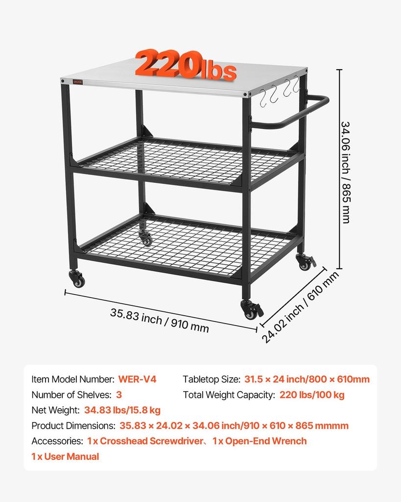Carro para Parrilla Exterior, Mesa de Parrilla de Acero Inoxidable de 800 x 610 mm, Mesa de Cocina para Exteriores con 4 Ruedas y Asa Lateral, Dos Estantes de Malla, Barbacoa