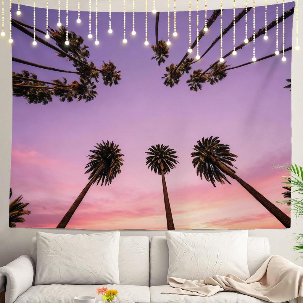 Palm Trees Tapestry  Pink Sunset Beach Wall Art Psychedelic Sky Decor for Bedroom Living Room