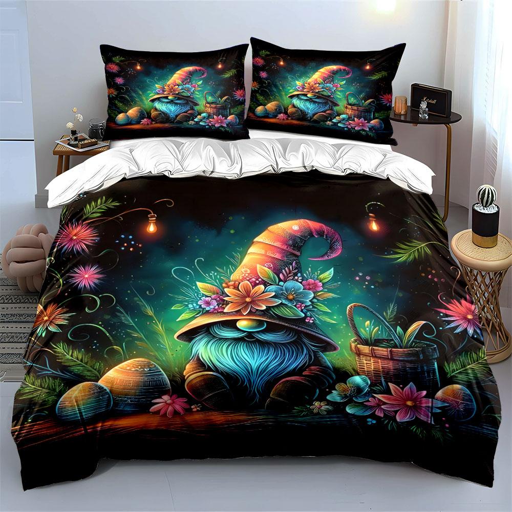 Whimsical Gnome Flower Bedding Bedding Duvet Cover Set Duvet Cover Pillowcases (1 * Duvet Cover 2 * Pillowcases, without duvet insert)