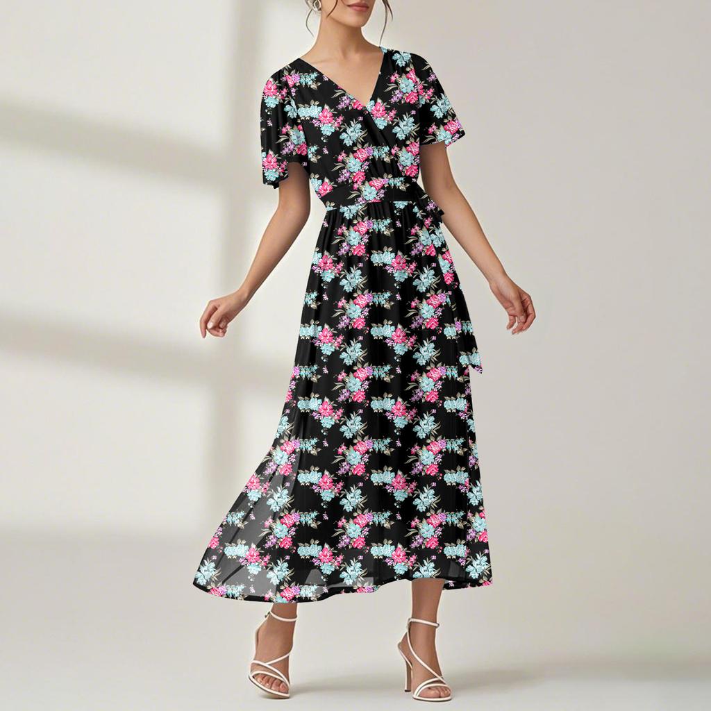 Women's Summer Floral Bohemian Dress Wrap V Neck Short Sleeves Ruffle A-Line Flowy Maxi Dress Summer Dresses For Women