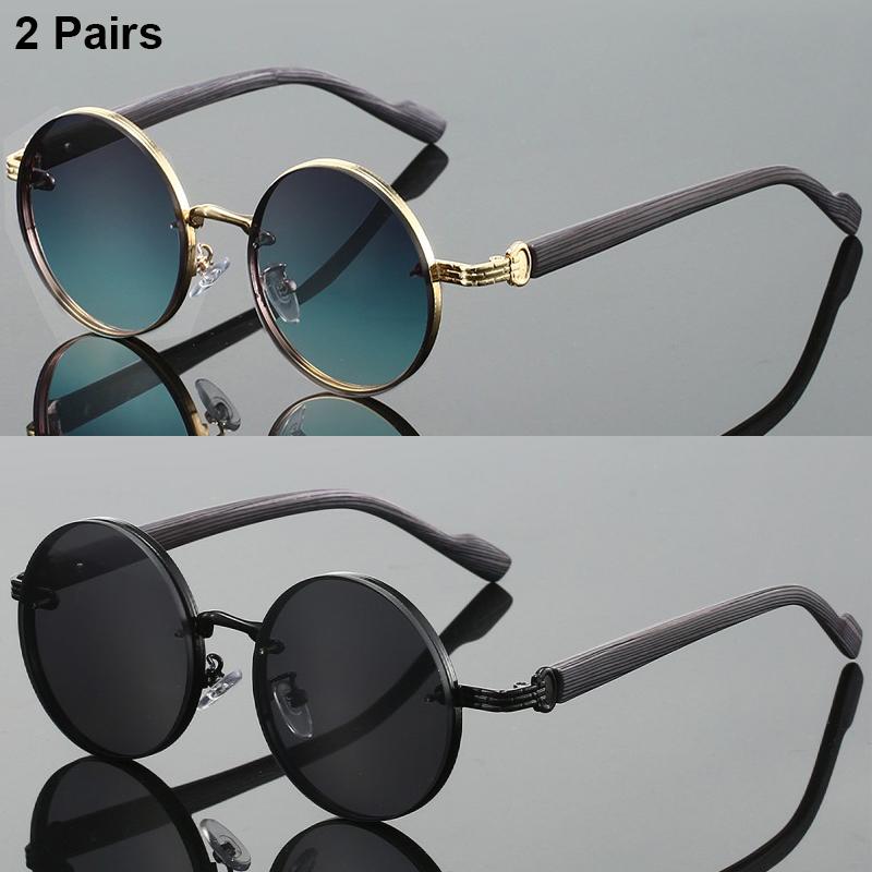 2 Pcs Women Round Sunglasses Sets Stylish Multicolor Gradient Shades Popular Imitation Wood Grain Sun Glasses for Travel Holiday