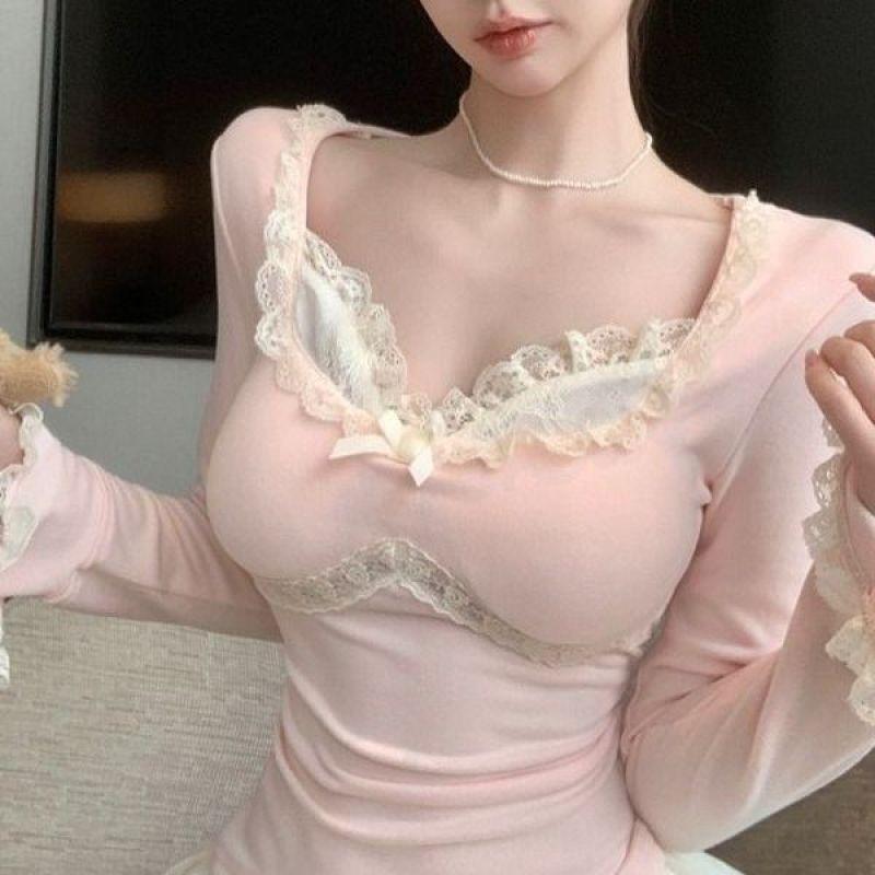 Splicing German velvet long-sleeved t-shirt women's autumn new pure desire square collar top women's lace bottoming shirt chic and beautiful