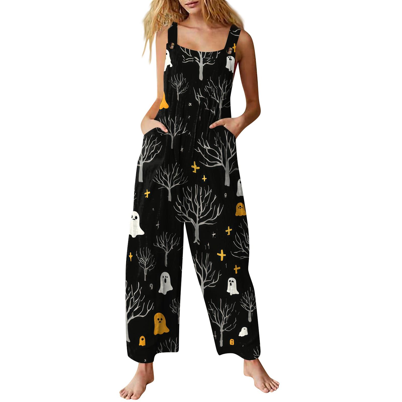 Women s Sleeveless Jumpsuit Halloween Print Cotton Casual Loose Fit Overalls Wide Leg Romper L