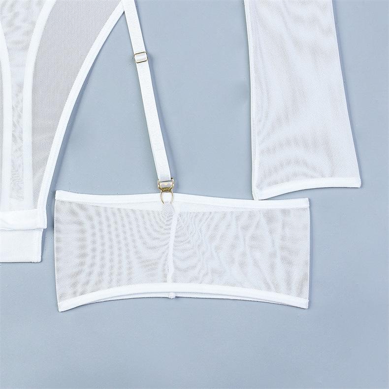 European and American Mesh Color Block Outerwear & Long Sleeve Camisole Bodysuit Lingerie Set for Women