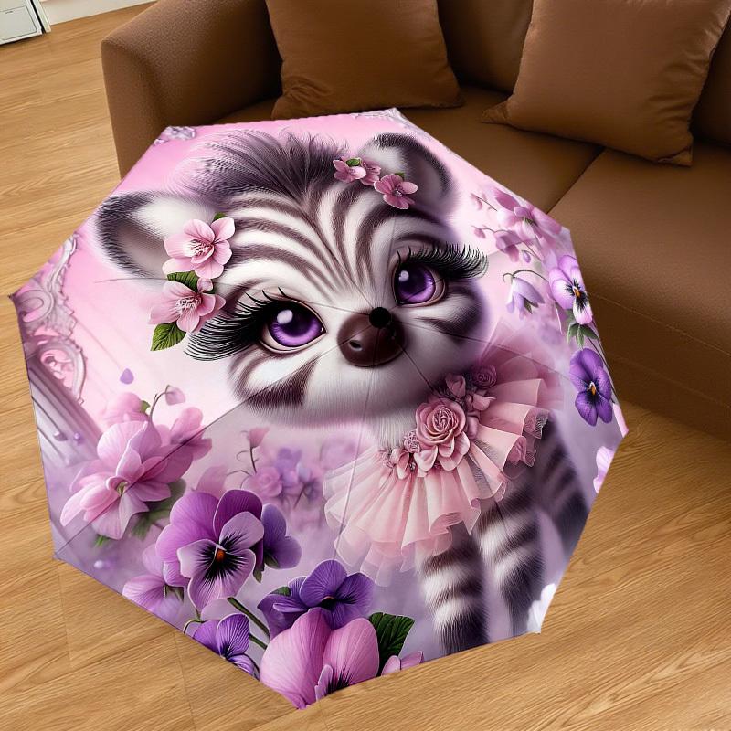 1PC Raccoon Flowers Umbrella-8-Rib Reinforced Portable Folding Travel Suitable for All Seasons Outdoor Daily Use-H0369