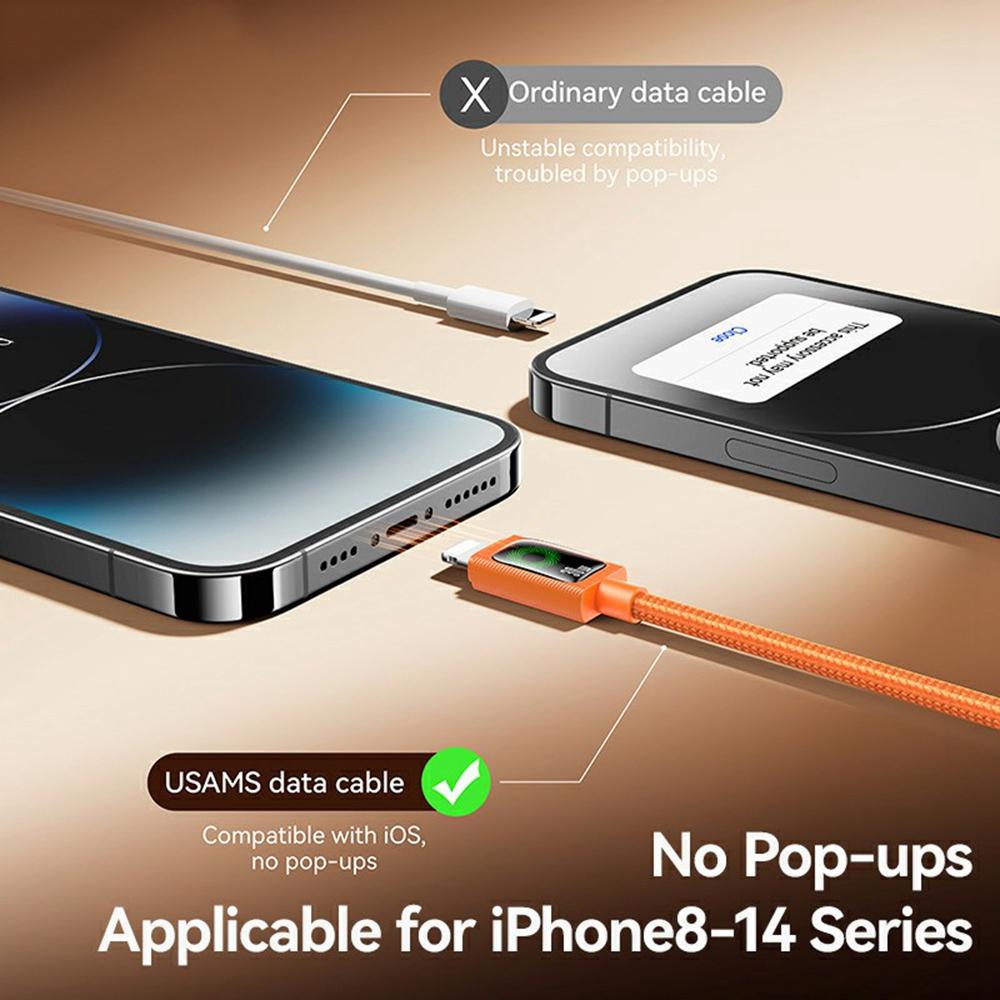 USAMS SJ774 U92 1.2m Type-C to Lightning Cable 30W Fast Charging Data Transfer Cord with LED Light