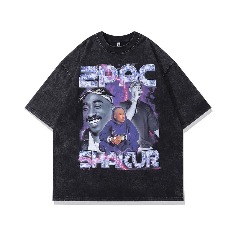 European And American Hip Hop Portrait Printing T-Shirt Oversize High-Quality Men'S Clothing Washed Retro Short-Sleeved T-Shirt