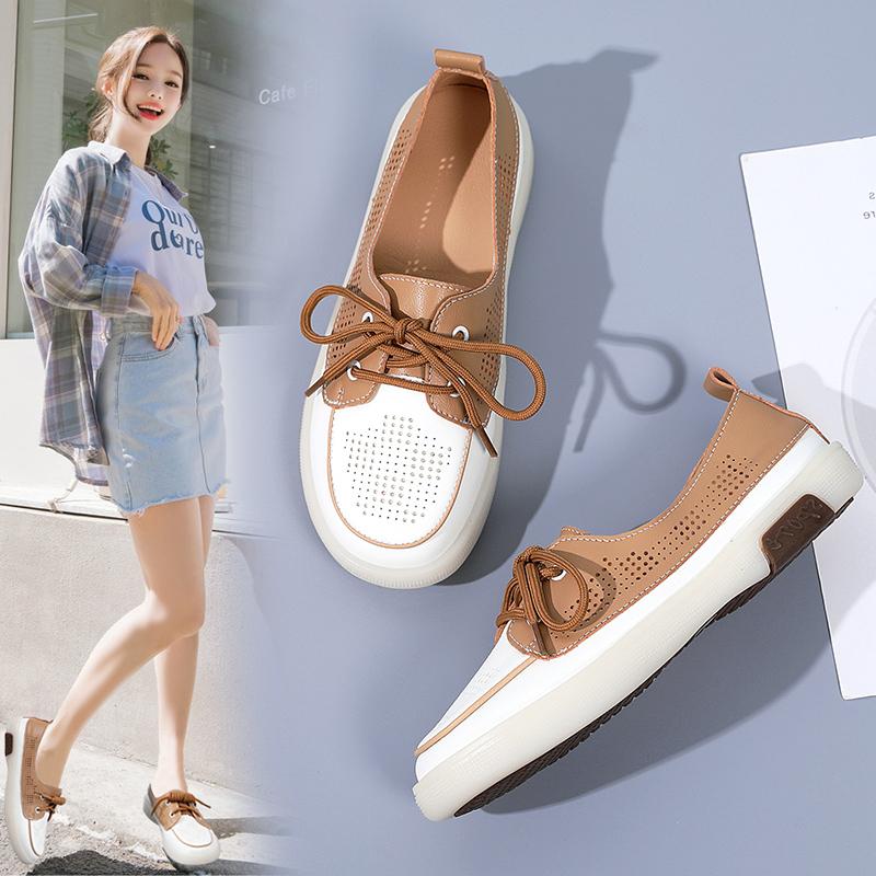 Fashion Circle Boat Shoes Women Genuine Leather Loafers Moccasins Lace-up Flat Shallow Solid Flat with Slip On Sandals Round Toe Ankle F