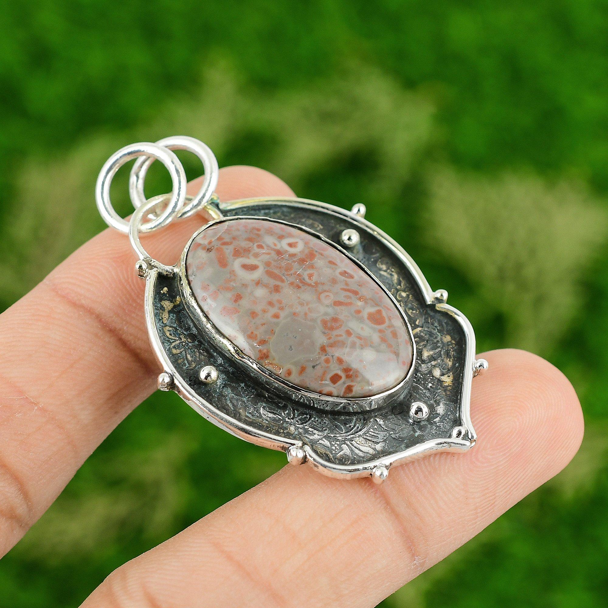 

Daughters Day Sale 925 Silver Oval Natural Ocean Jasper Handmade Ethnic Pendant