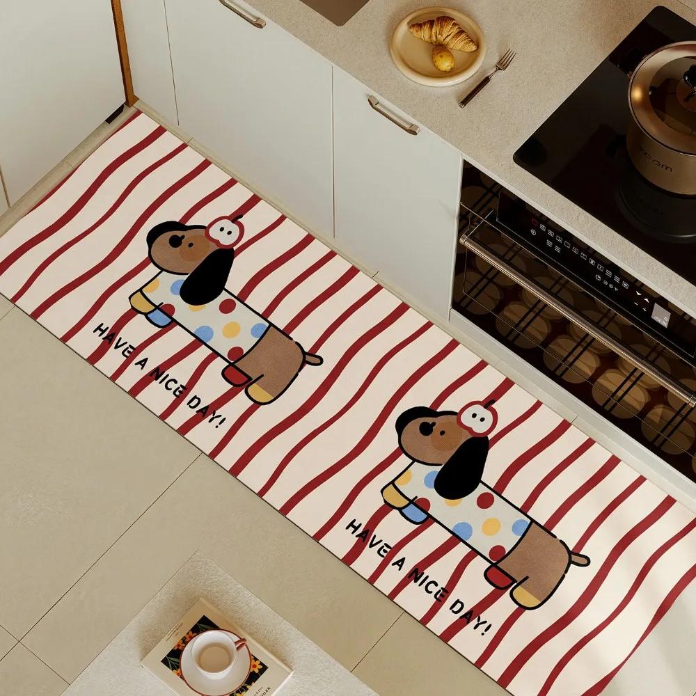Cartoon Dog Kitchen Carpet Mat Non Slip Striped Pattern Rug Welcome Home Funny Floor Mat Soft Washable for Kitchen Decor Use
