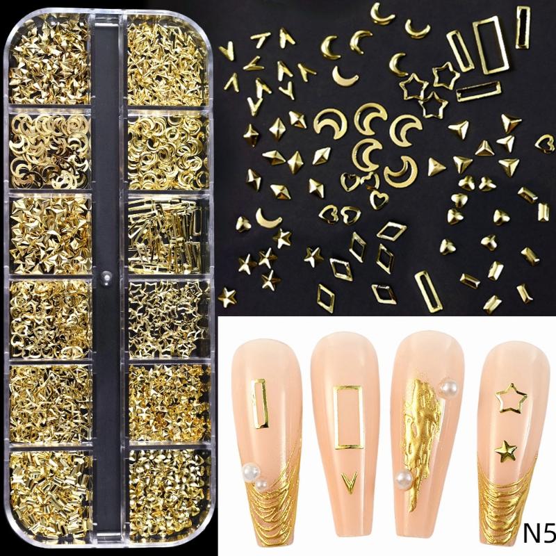 

12 Grids/Box 3D Stars Nail Rivet Studs Decoration Gold Starlight Sparkle Jewelry Nail Charms Alloy Metallic Manicure Accessories