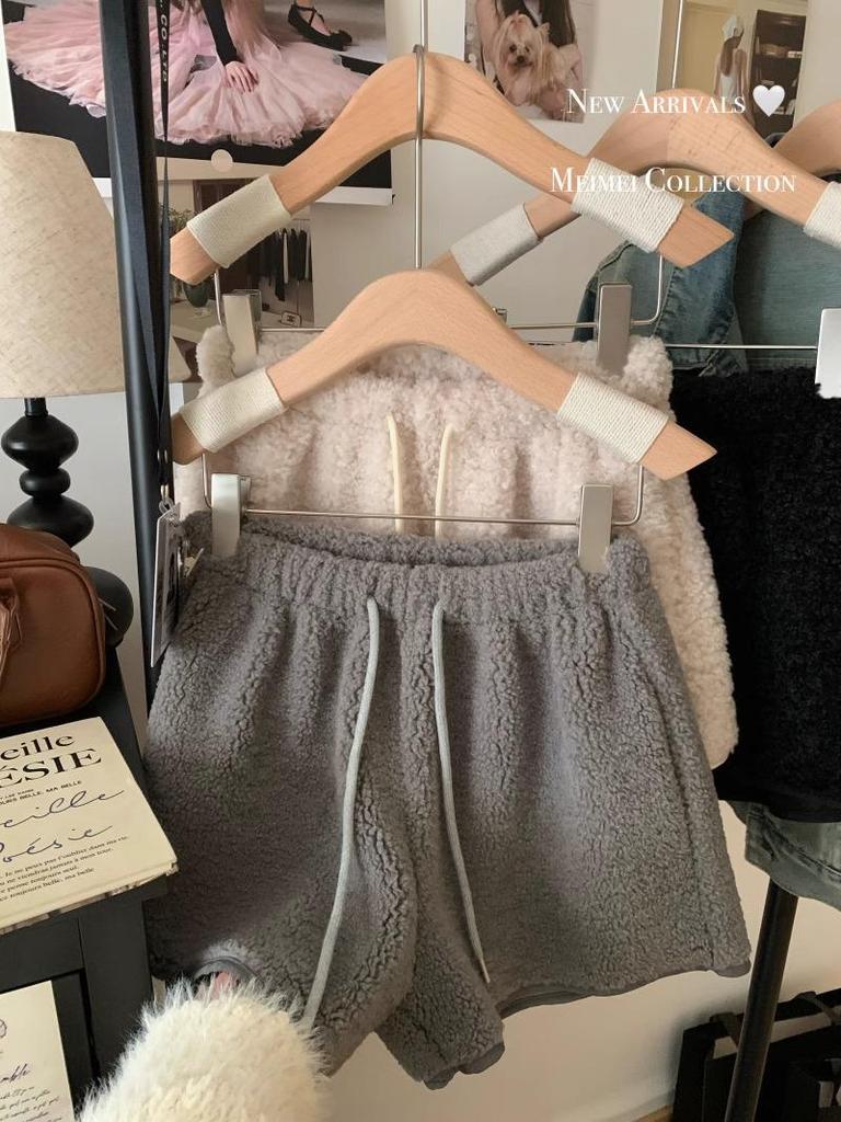 Women's 2024 Lambswool High Waist Drawstring Warm Shorts - Autumn/Winter Casual Loose Fit Hot Pants Outerwear