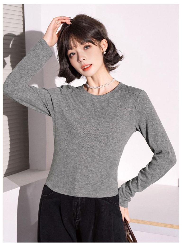 2025 Autumn Women's Round Neck Fishbone Shoulder Slimming Long Sleeve Top