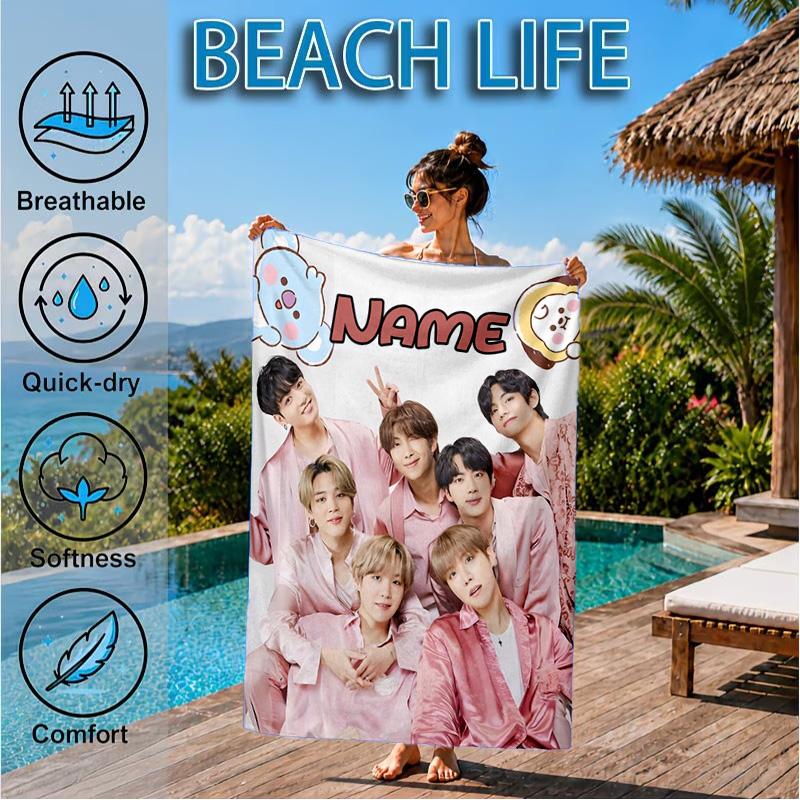 Custom Name K-pop Stars Group Beach Towel Microfiber Beach Towel, Lightweight and Quick-Dry, for Summer Travel, Swimming Pool Gift