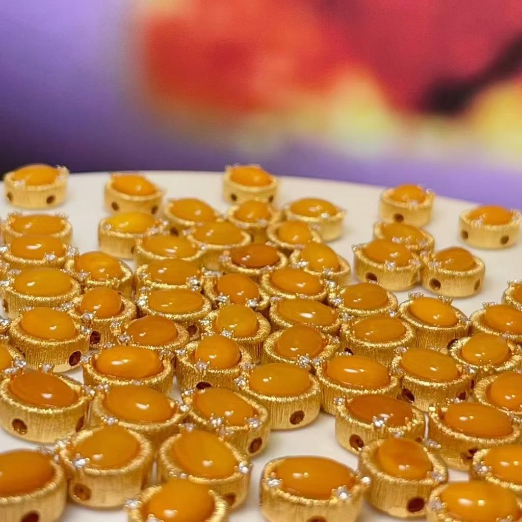 5Pcs, Natural Stone Yellow Amber Beads Accented with Golden Edges, Boho Oval Beads for Jewelry Making DIY Materials, Easter Hanukkah Crafts 8.5×9.5mm