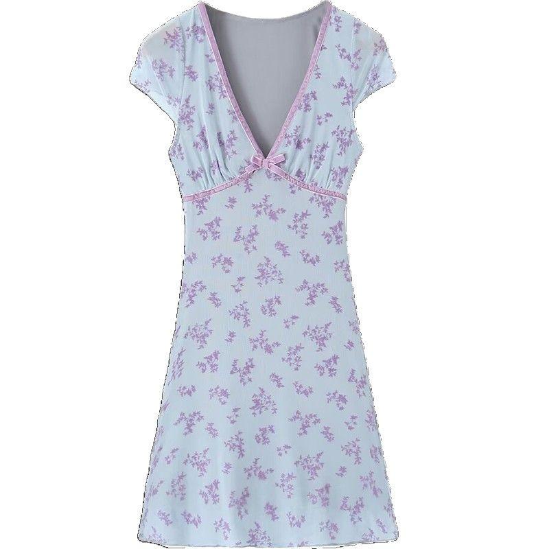 French pure desire wind contrasting color bow V-neck floral dress women's summer sweet babes sexy waist A-word short skirt