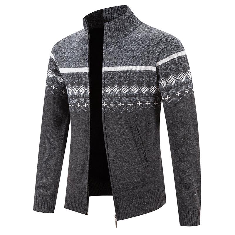 Men's Autumn/Winter Zipper Cardigan: Plus Velvet, Thickened Knit Sweater with Stand Collar - Handsome Style