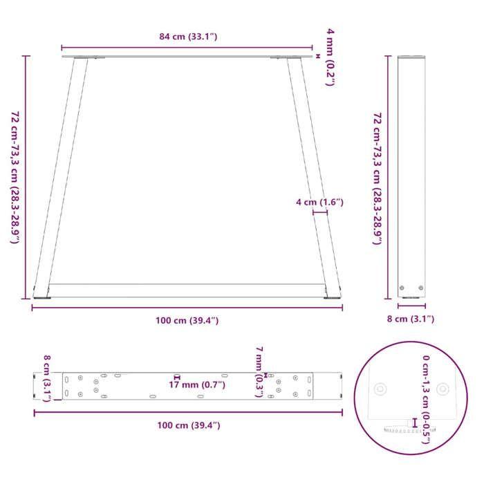 VidaXL Pieds de table à manger en forme de V, 2 pièces, acier naturel, 100 x (72-73,3) cm 4012583