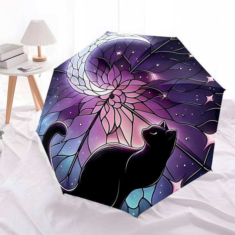 1pc Stained Glass Cat Moon Outdoor Umbrella - Automatic Opening/Closing, Portable Tri-Fold Design, 8-Rib Iron Frame, Festival Gift for Fans, Travelers