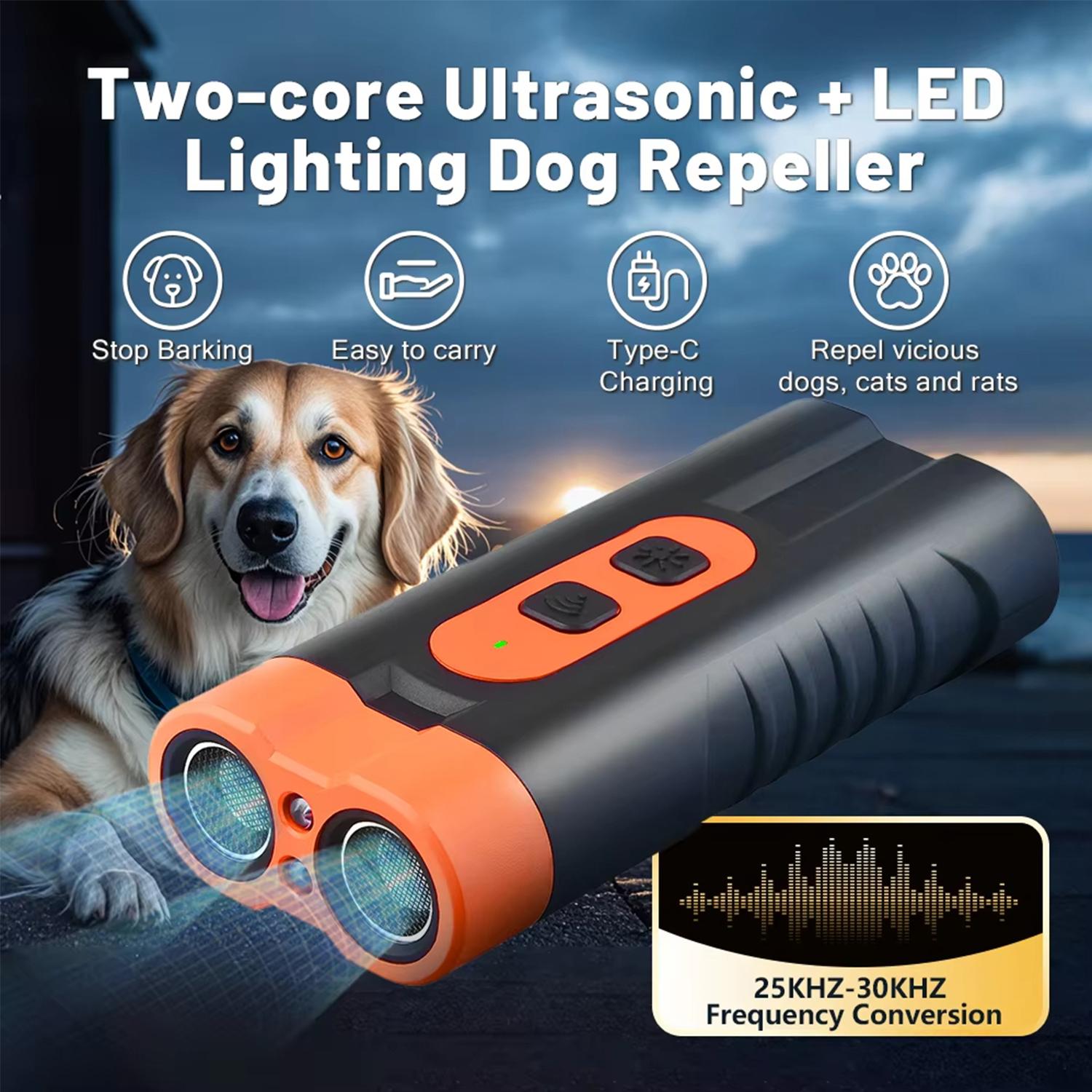 Dual Head Ultrasonic Dog Repeller, Usb Rechargeable High Power Anti Bark Device With Led Flashlight оранжевый