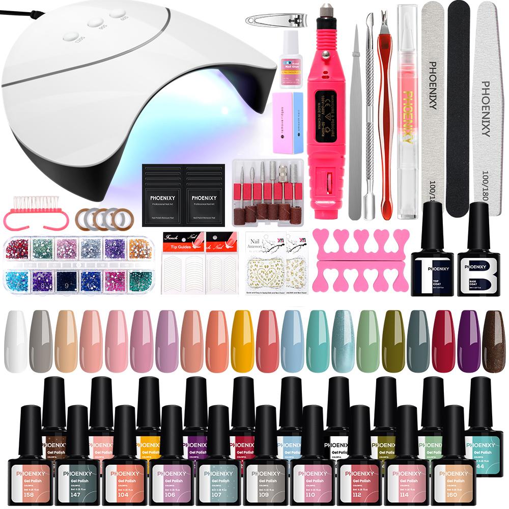PHOENIXY 20Colors Lak na nehty Sada na manikúru Nehtová vrtačka Lak na nehty s 36W lampou Základní vrchní nátěr Sada Nehtového salonu