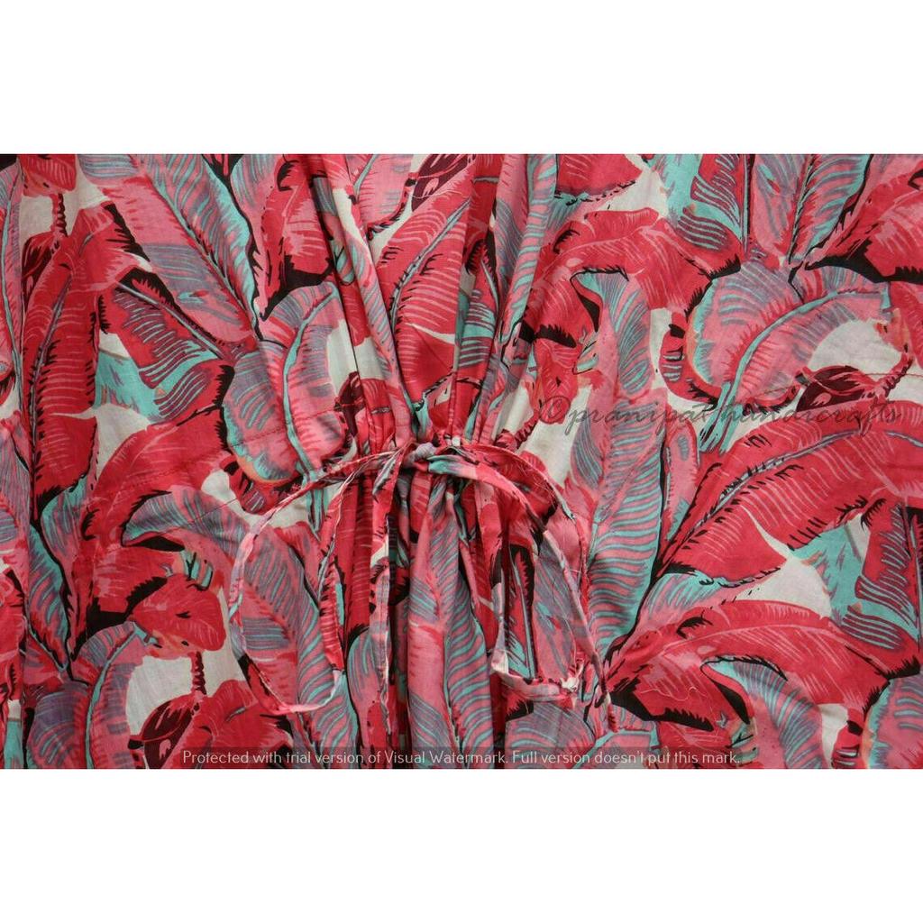 Indian Red Long Leaf Print Cotton Hippie Maxi Women Boho Nightwear Caftan Dress CKFTN-SCRN-FULL-BUYIT-011