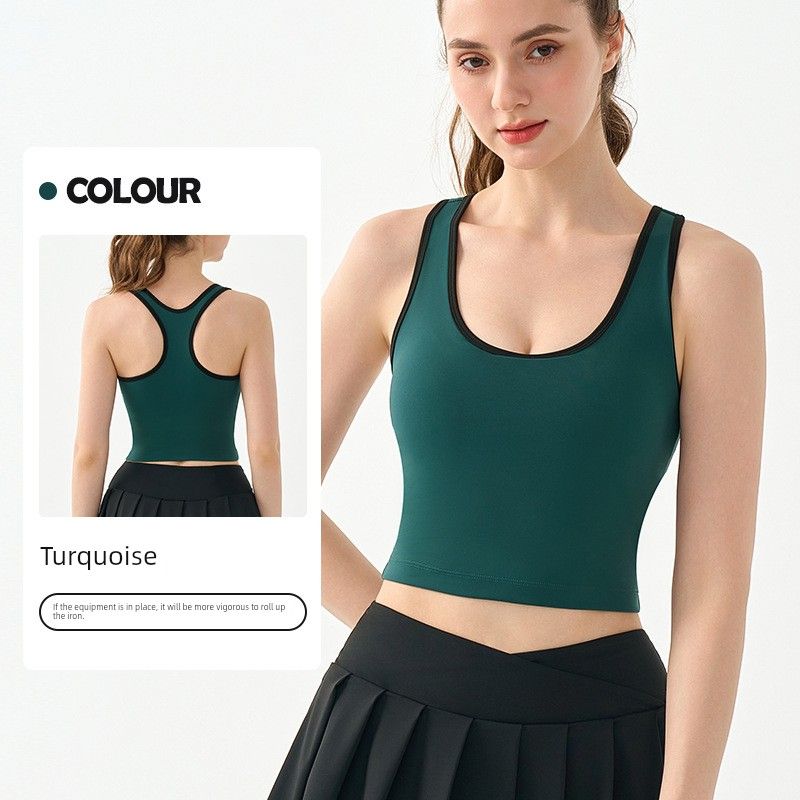 

Foreign Trade Sports Vest Women Half Fixed Cup Tennis Training Yoga Clothes Bra Nude Feel Contrast Color Short I-Shaped Fitness Blue-Green L