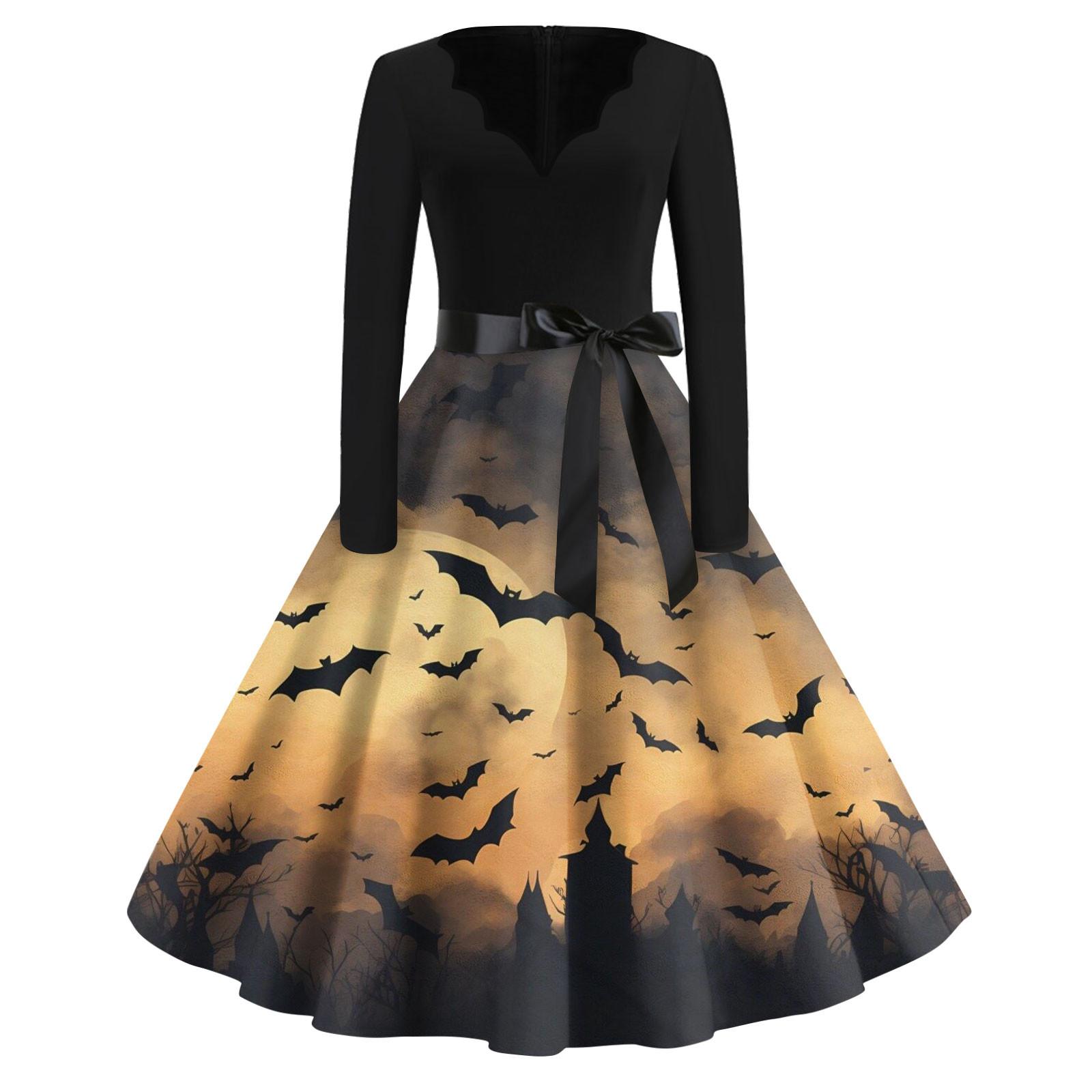 

Женская мода с v-образным вырезом, повседневные тонкие платья с длинными рукавами и принтом на Хэллоуин L оранжевый